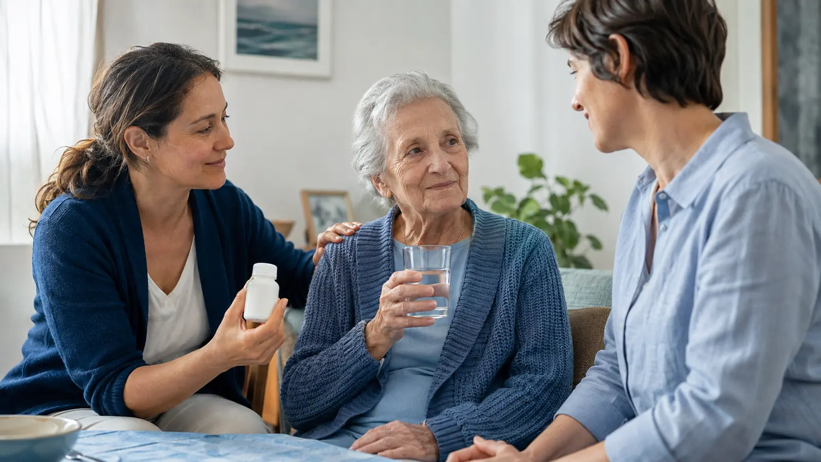 Persona anziana con un bicchiere d’acqua partecipa a un colloquio domiciliare sulla bocca secca insieme a caregiver e professionista sanitaria