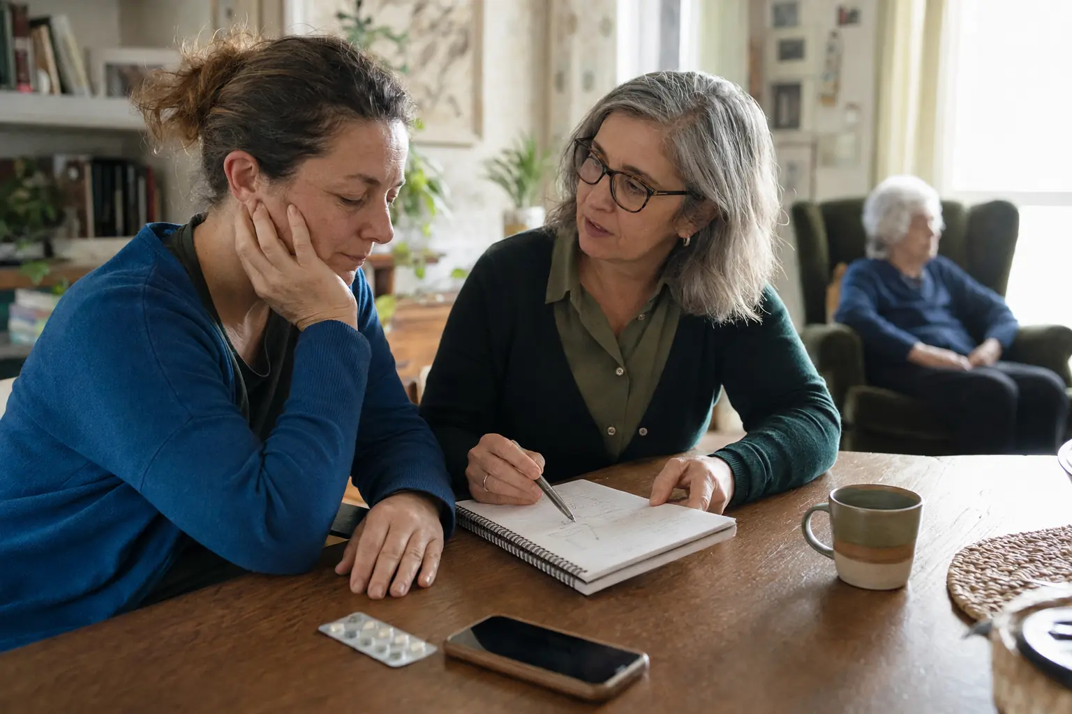 Caregiver stanca ascolta una professionista che riorganizza il piano assistenziale a domicilio, con la persona anziana sullo sfondo