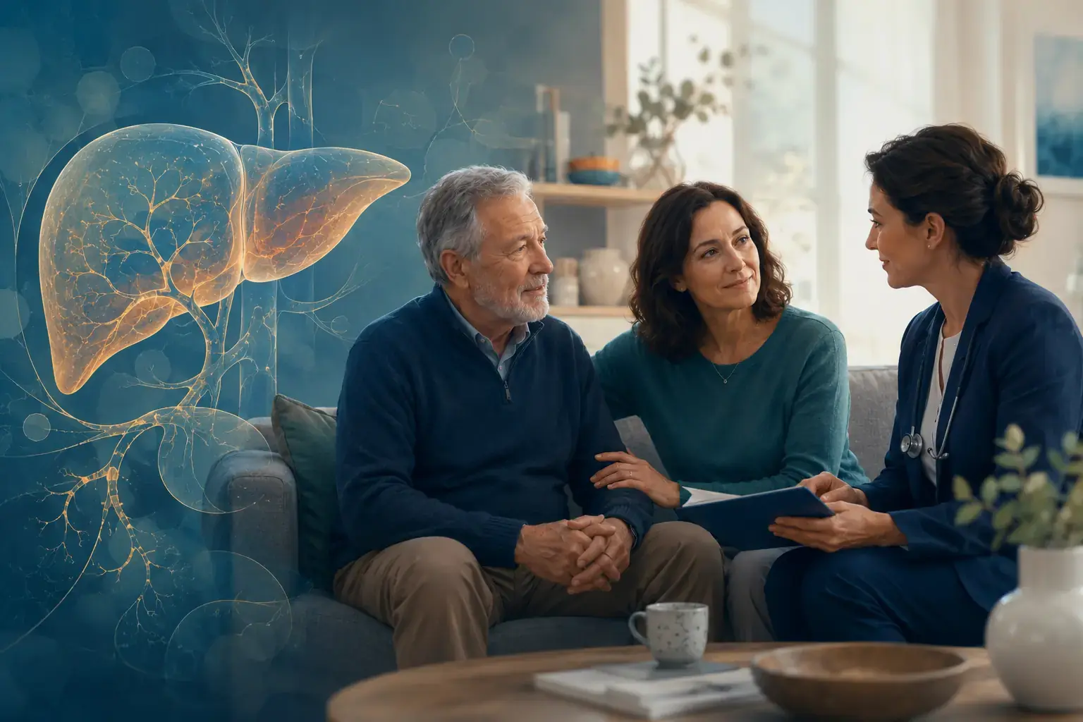 Illustrazione editoriale di una persona con cirrosi assistita da una caregiver durante un colloquio clinico, accanto a una rappresentazione del fegato
