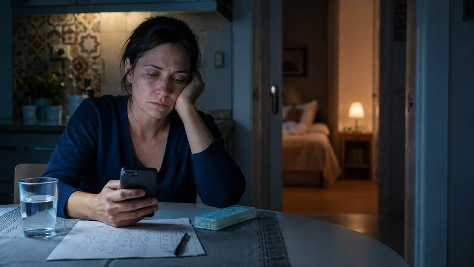 Caregiver affaticata a un tavolo durante la notte, con telefono e piano terapeutico, mentre la persona assistita riposa nella stanza accanto