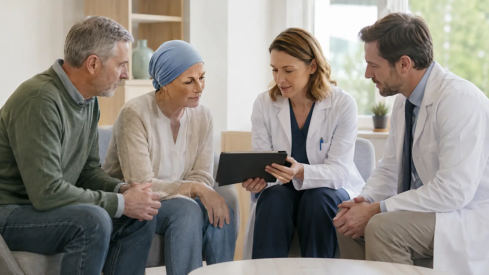 Paziente oncologica e caregiver discutono il piano di cura con oncologo e medico palliativista
