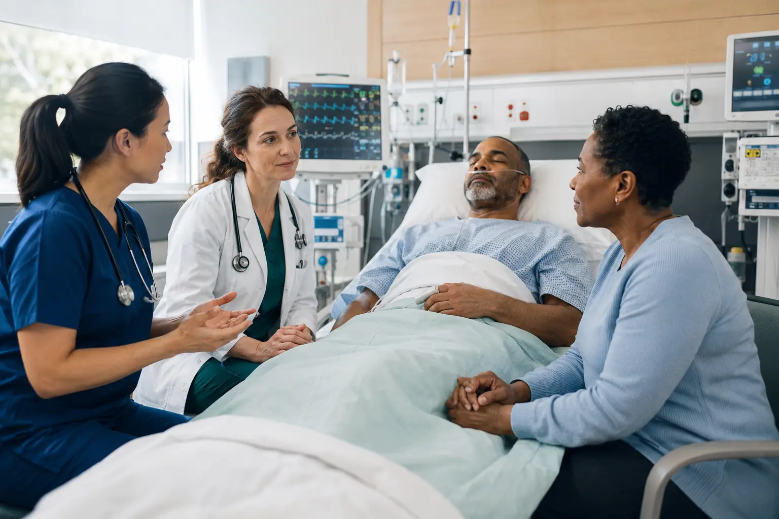 Paziente in terapia intensiva assistito da professioniste sanitarie durante un colloquio con una familiare