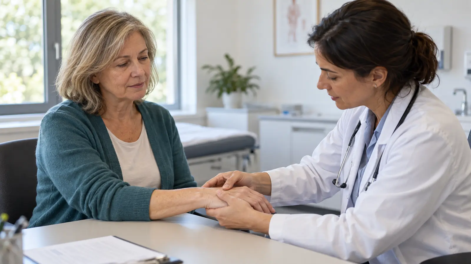 Una medica valuta mano e polso di una donna durante una visita per dolore articolare; scena illustrativa