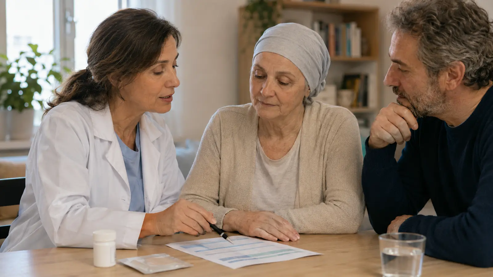 Paziente oncologica e caregiver rivedono con una medica palliativista un unico piano terapeutico che comprende più formulazioni oppioidi