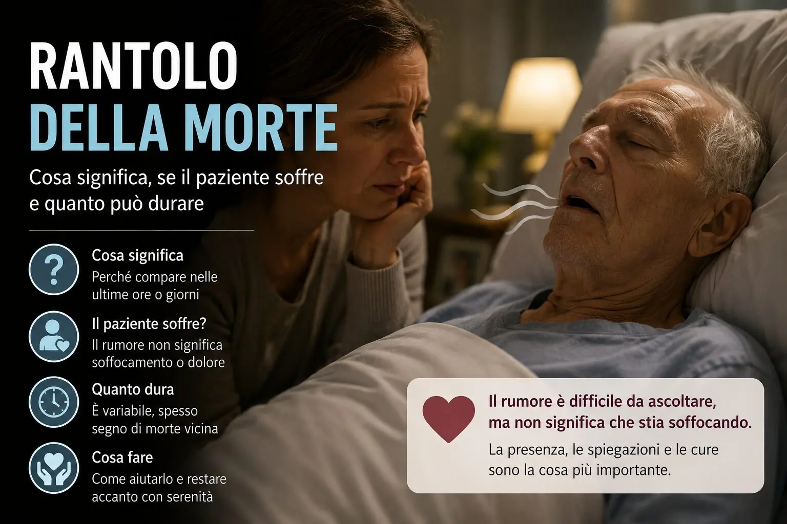 Familiare accanto a una persona molto anziana con respiro rumoroso negli ultimi giorni di vita