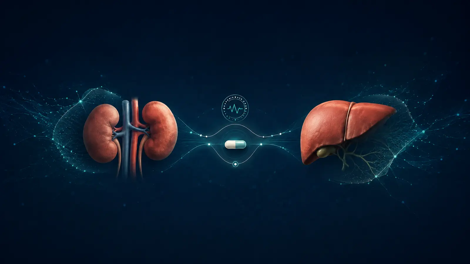 Reni e fegato collegati a una capsula e a un percorso grafico di monitoraggio farmacologico