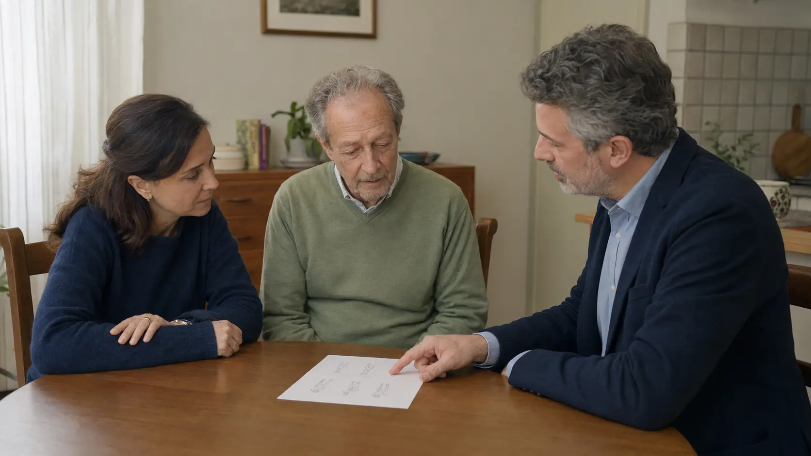 Persona anziana con Parkinson avanzato partecipa con caregiver e medico alla revisione del piano terapeutico a domicilio