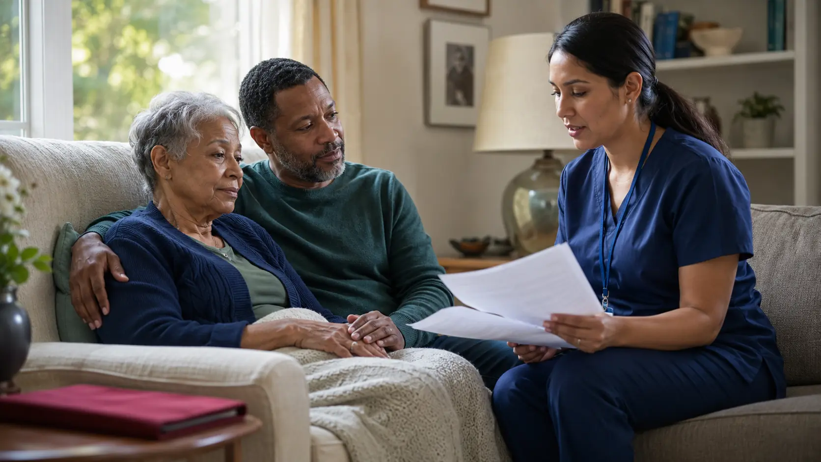 Paziente oncologica e caregiver rivedono a domicilio un piano per le crisi insieme a una professionista sanitaria
