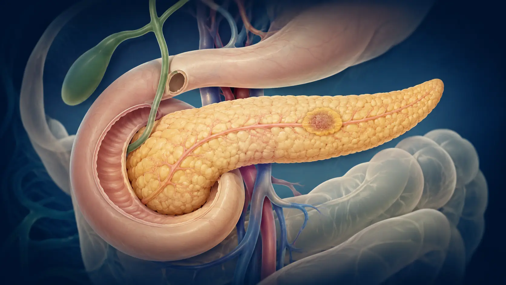 Illustrazione anatomica del pancreas, del duodeno e della via biliare con una piccola lesione pancreatica